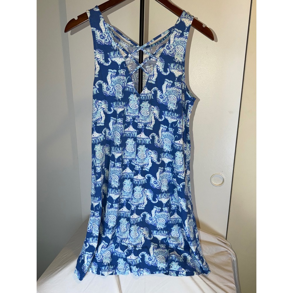 Lilly Pulitzer Dress Womens M Blue Elephant Print Pima Cotton Strappy Back Mini - Picture 3 of 6